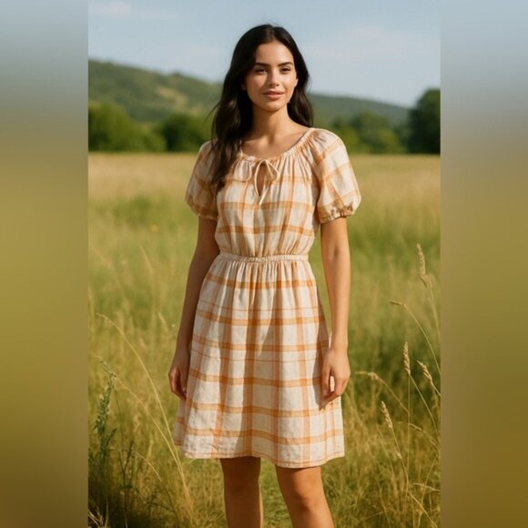 Ann Taylor Loft Pink Orange Plaid Puff Sleeve Shift Dress Size Small Regencycore - Picture 8 of 8